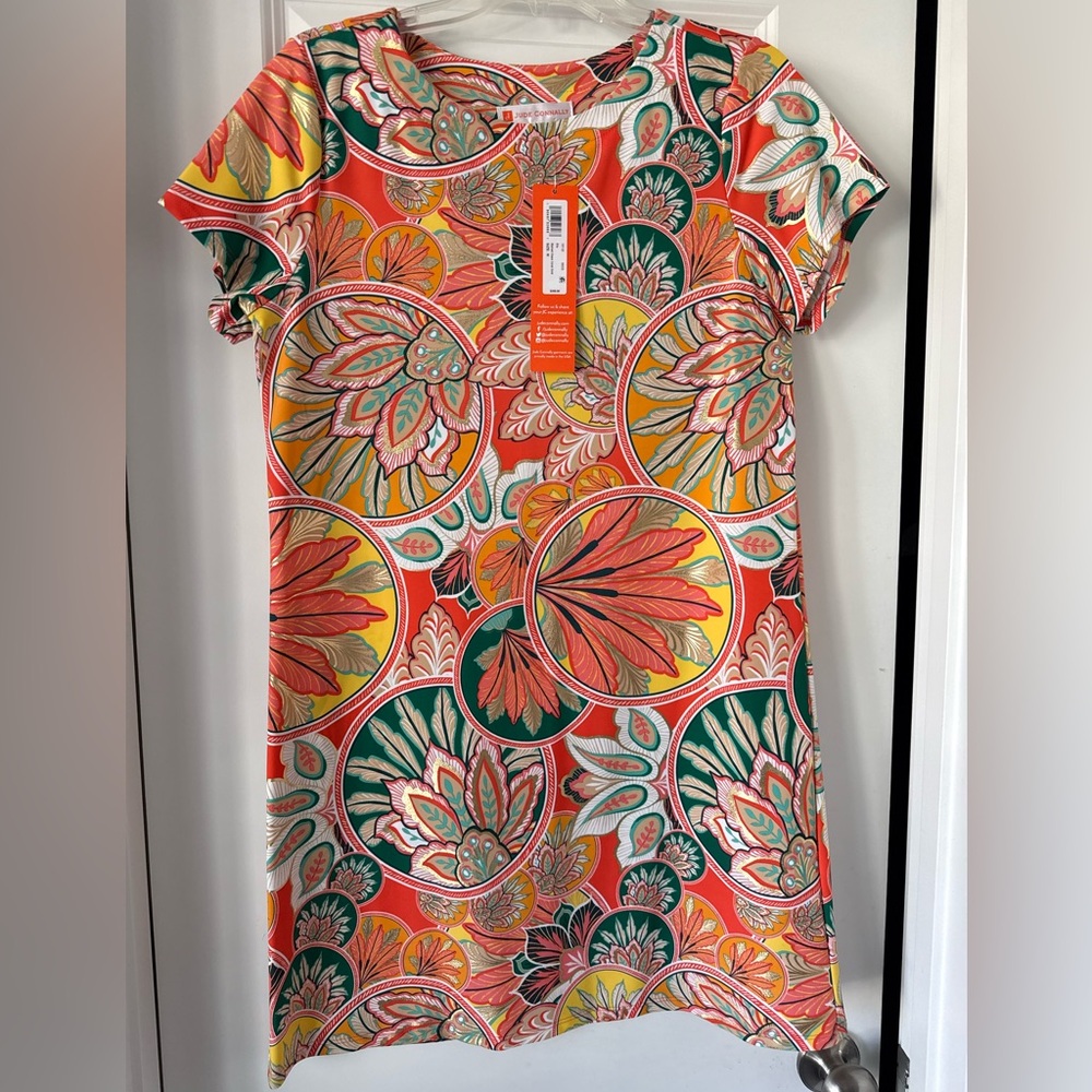 New With Tags Jude Connally Ella Dress in Stained Glass Coral, Size Medium